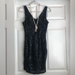A. Peach Black Sequin Scales Dress.  Flapper / Gatsby 1920s Flair.